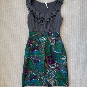 Maeve Anthropologie Ruffle Neck Paisley Dress Size 0 Gray & Teal Mini